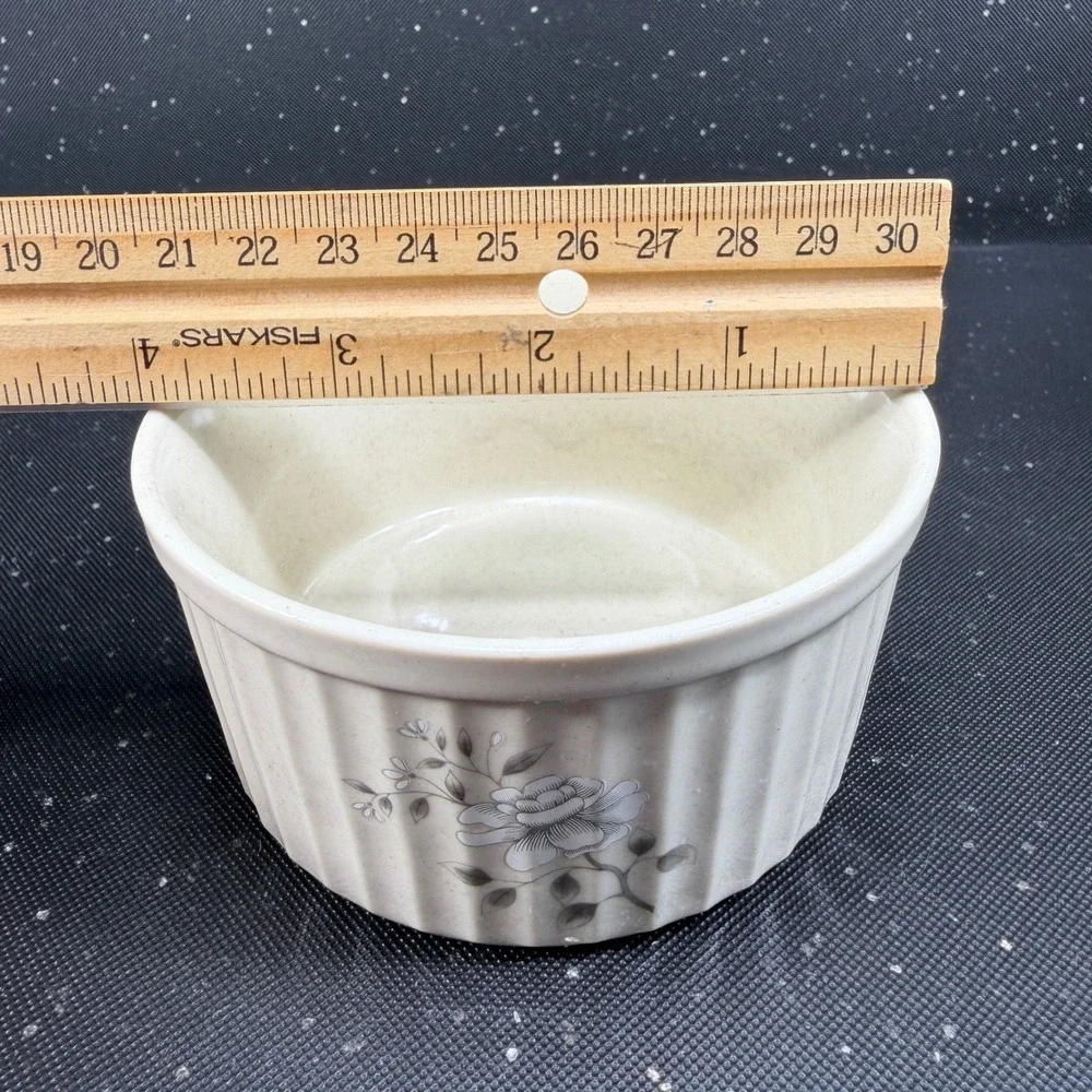 Southampton Stoneware Collection Ramekins Set 2 Grey Floral Cream Made in Japan